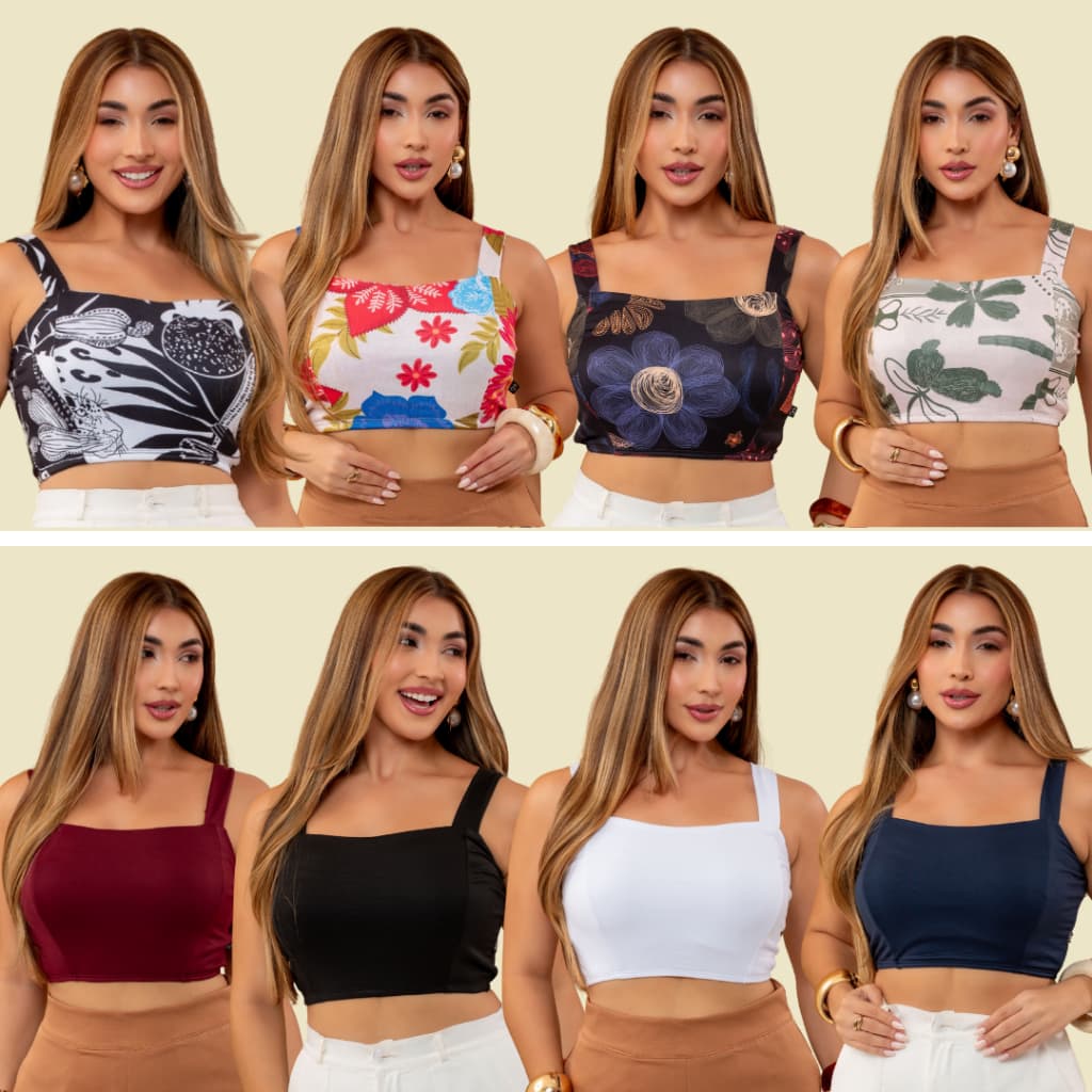 Kit 8 Cropped Feminino Verão Top Casual Alça Larga Forro Duplo