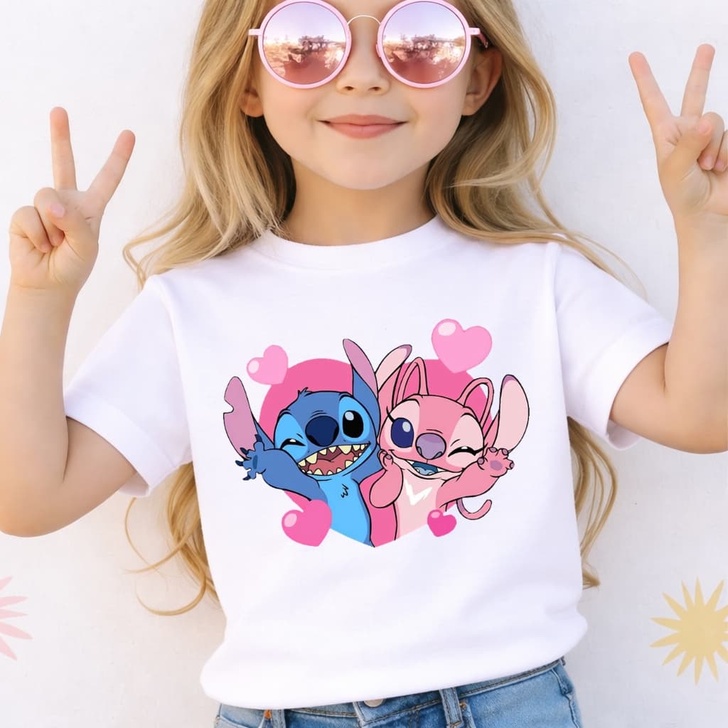 Camiseta Infantil Menina Lilo Stitch e Angel Amor no Ar Coração Blusa Malha Premium Desenho Animado