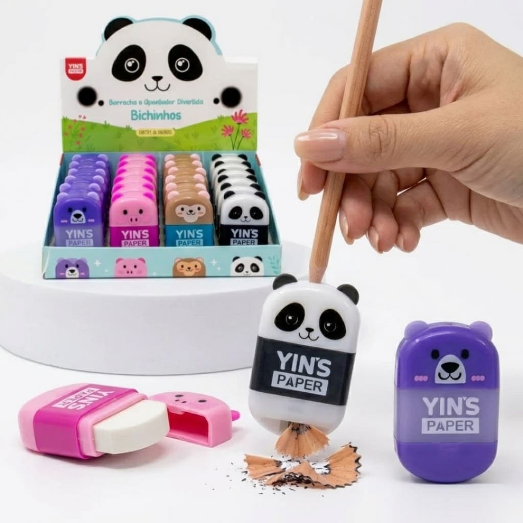 Kit Apontador E Borracha 2 Em 1 Infantil Bichinhos Papelaria Fofa Kawaii Material Escolar Criativo