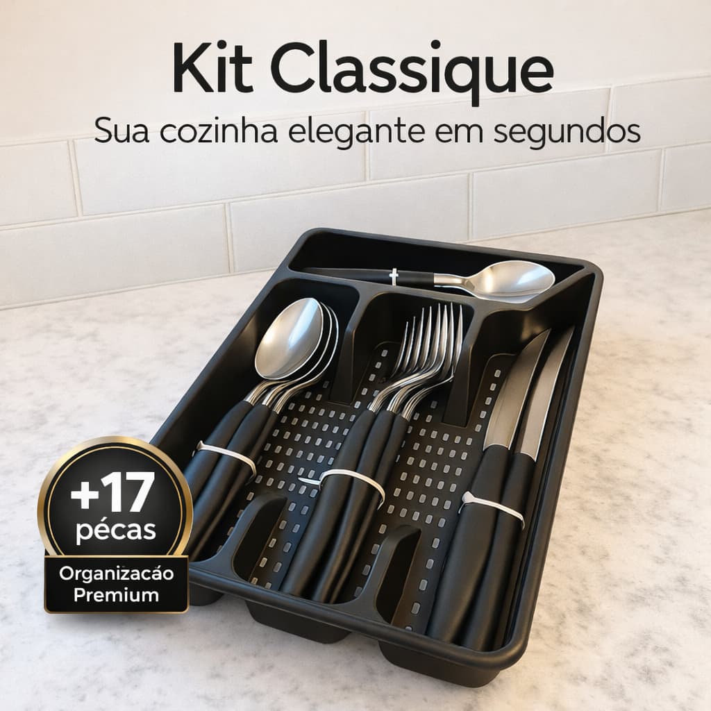 Faqueiro 17 Peças Inox + Porta Talher Organizador Preto | Kit Classique Set™ Completo