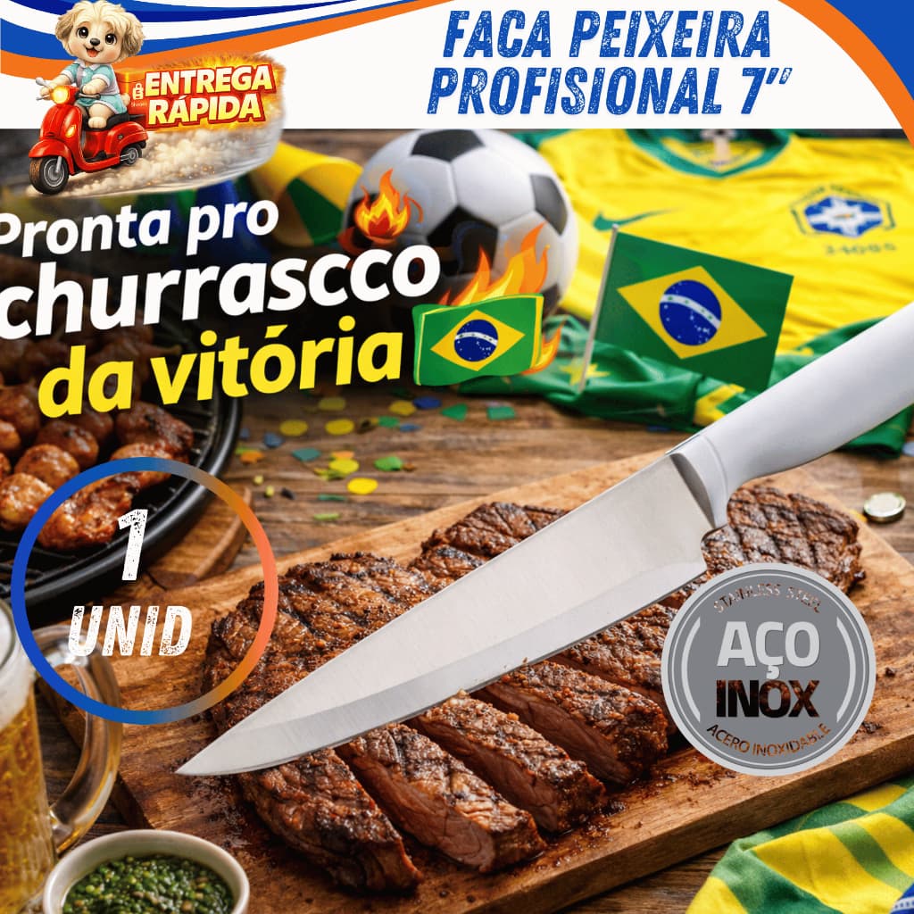 Kit Faca Peixeira Inox Profissional 7” Cabo Branco Para Cozinha e Churrasco Restaurante Buffet Inox.