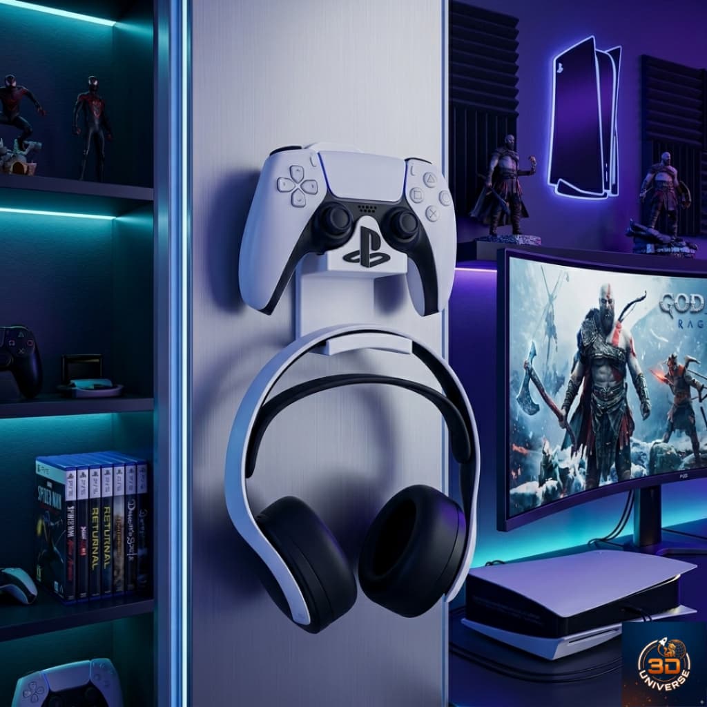 Suporte Controle PS5 e Headset Fone de Ouvido Parede – Com Logo PS5, Sem Furo ou Parafuso