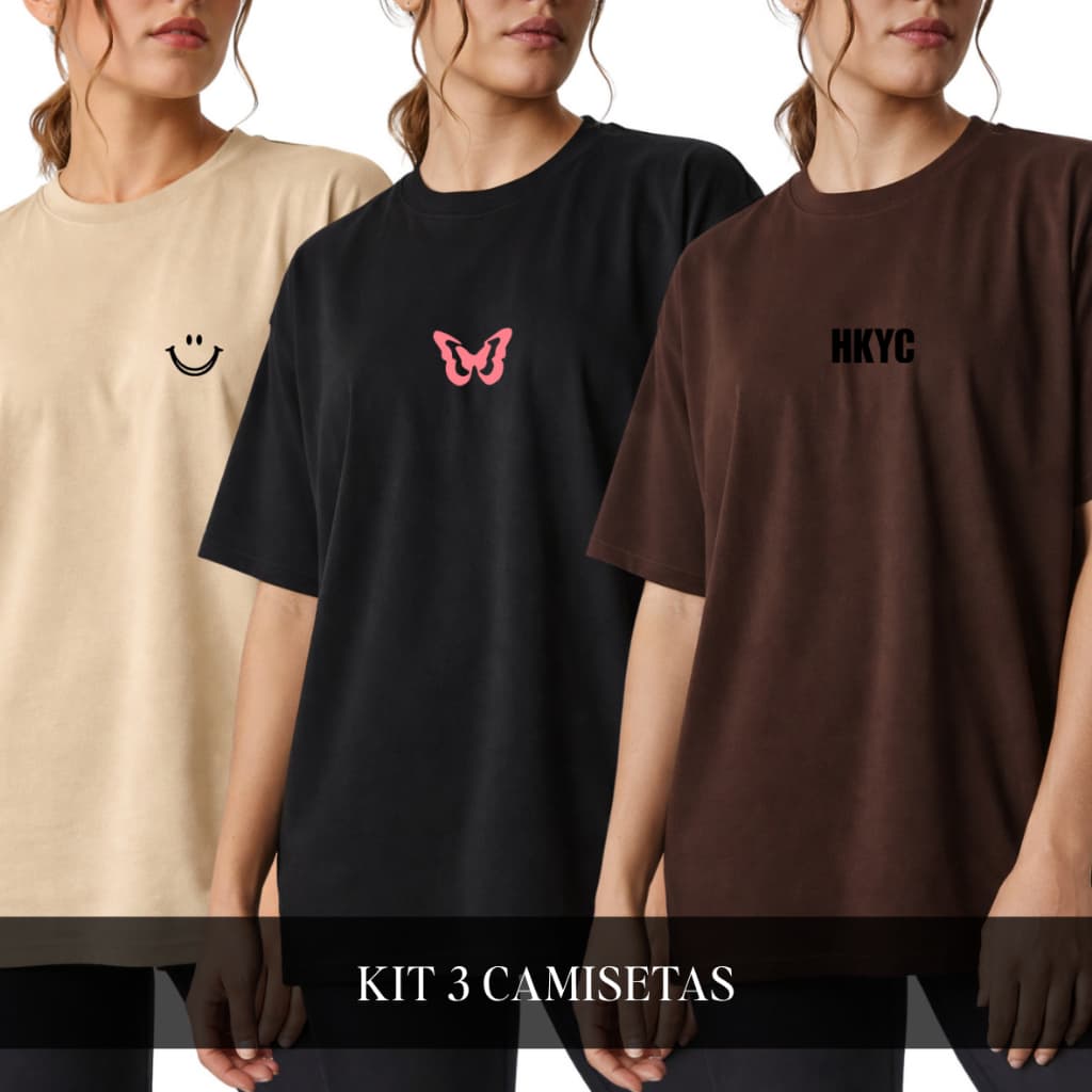 Kit 3 Camisetas Feminina Oversized Blusa Manga Curta Algodão Streetwear Academia 3 Peças