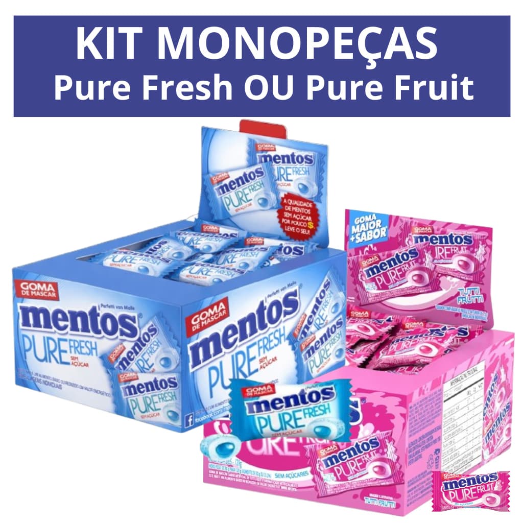 Kit Chiclete Mentos Monopeça Pure Fresh Mint ou Pure Fruit Tutti-Frutti Com 60 Peças/cada