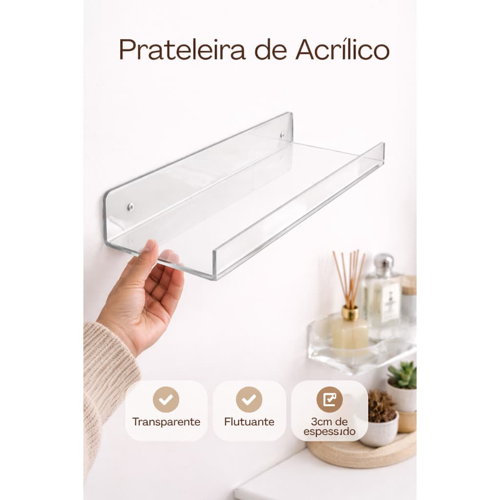 Prateleira de Acrílico Flutuante 3mm Transparente Decorativa Organizador de Parede
