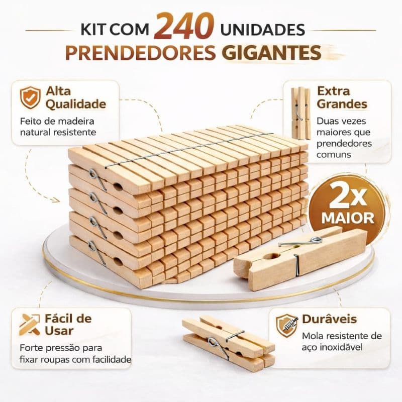 KIT 240 Prendedores de Roupa GRANDE de Madeira Reforçado Para Varal Mola Forte