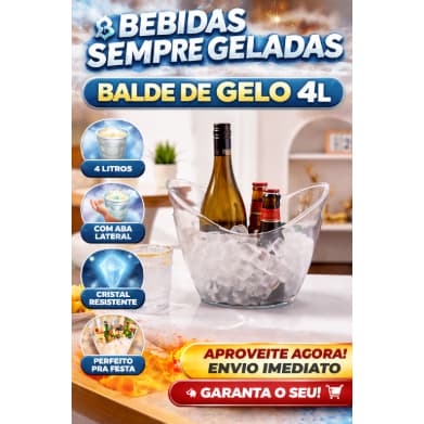 Balde de Gelo Transparente 4L com Aba Lateral Resfriador de Bebidas Festa Evento Bar