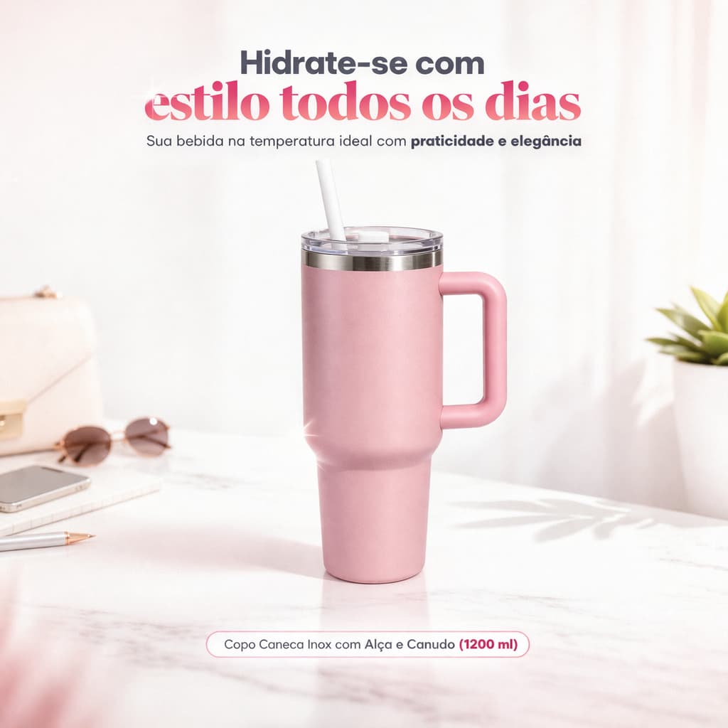 Copo Térmico 1200ml Inox com Alça e Canudo Rosa Caneca Grande 1,2L Academia Fitness Garrafa Portátil