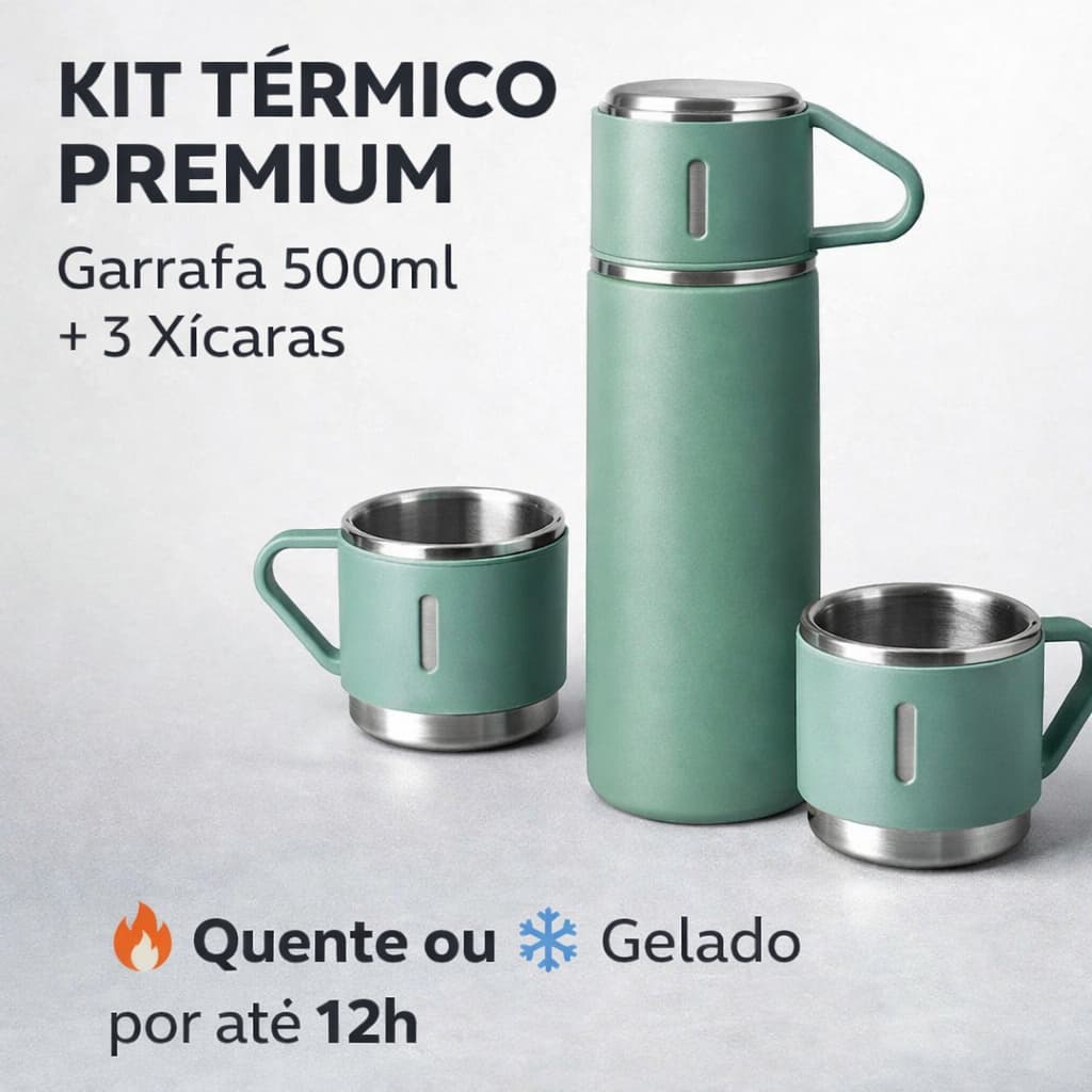 Garrafa Térmica Inox 500ml com 3 Xícaras Aço Inoxidável Kit Café Viagem Camping Academia