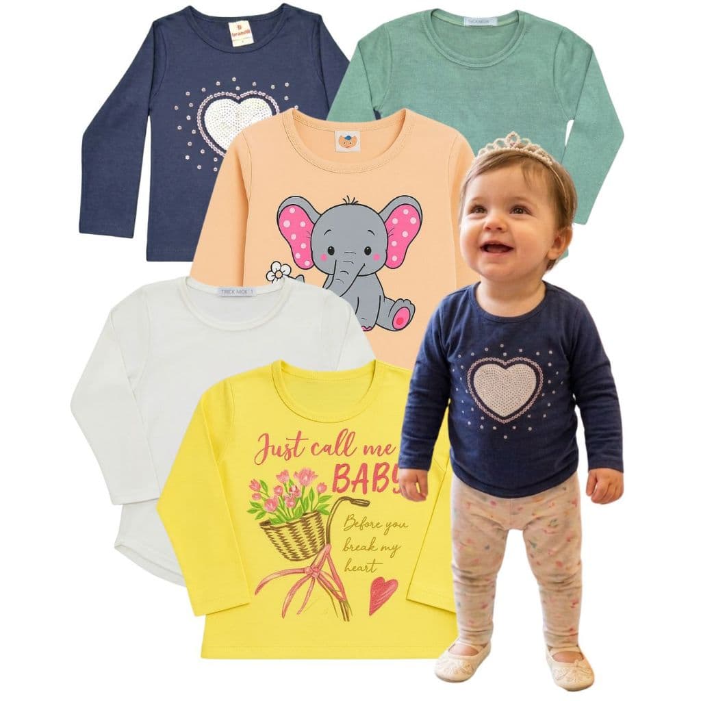 KIT COM 5 CAMISETAS MANGA LONGA INFANTIL MENINA SORTIDAS TAMANHO 1