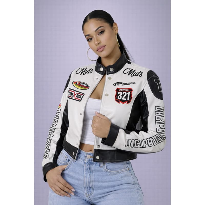 Jaqueta Couro Fake Moda Feminina Estilo Esportiva Racing Confortável Alta Tendencia Muts Courino Blogueira Estilosa