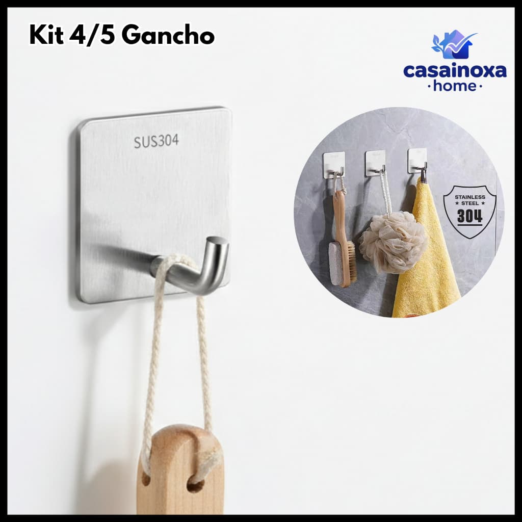 Kit 4 Gancho Aço Inoxidável com Adesivo Reforçado - Suporta 8kg, Instalação Sem Furos