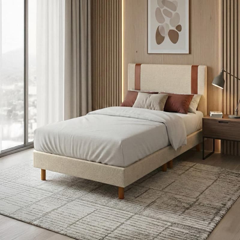 Conjunto 2 em 1 Base Box Cama Solteiro Dobravel Suede 88x188x24 Cabeceira Reforçada Moderna Conjunto Completo Bege