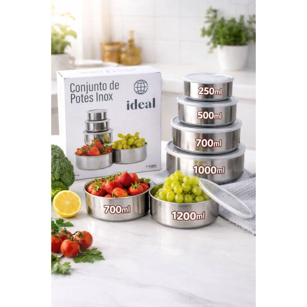 Kit 5 Potes Inox com Tampa Hermética | 250ml a 1200ml | Conserva Alimentos | Empilhável e Durável