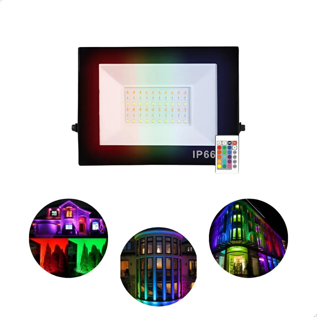 Luminária Refletor Led 400w RGB Holofote C/ Controle Slim Mini Montável Preto Prova D'agua