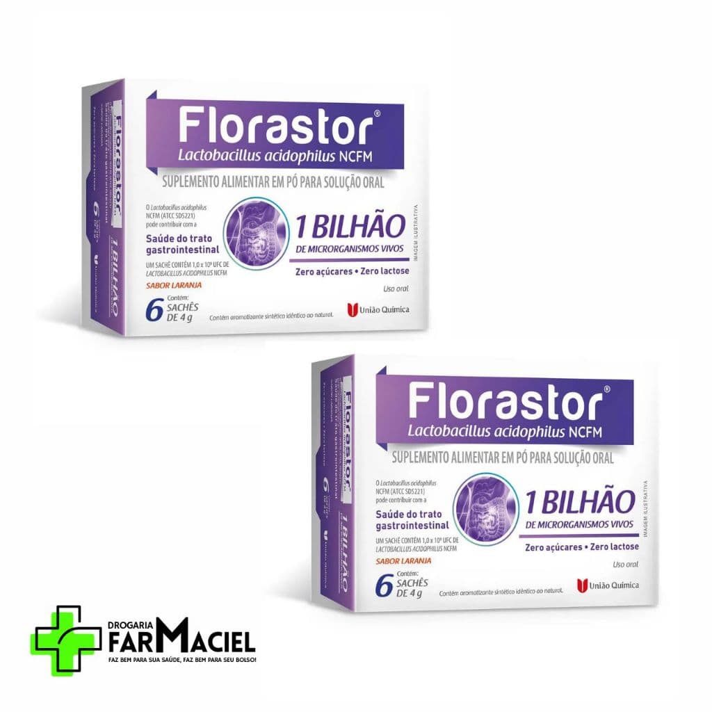 Kit 2 Florastor Probiótico 1 Bilhão de Lactobacillus com 6 sachês sabor laranja União Quimica
