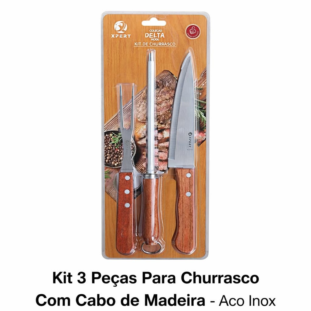 Kit Churrasco 3 Peças Faca Garfo Chaira Aço Inox Cabo Madeira Profissional Afiado Resistente