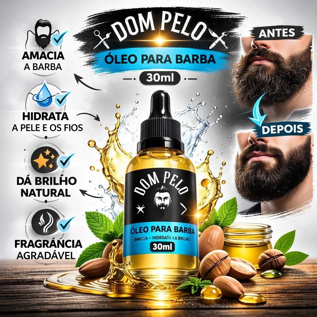 Óleo para Barba Dom Pelo 30ml – Hidratante, Toque Seco, Alinha os Fios, Reduz Coceira e Ressecamento