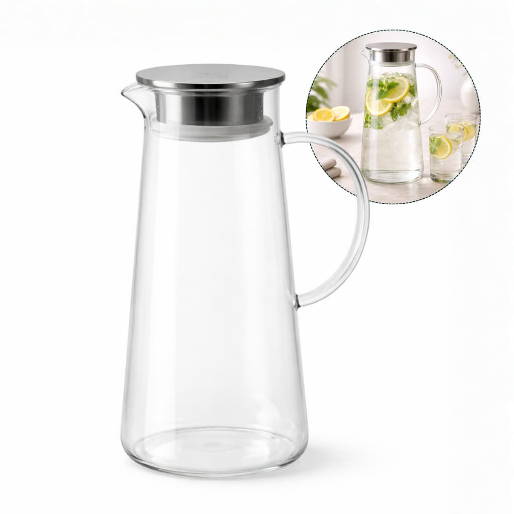Jarra de Vidro 1,8L com Tampa de Metal e Alça Ergonômica para Água, Suco e Chá