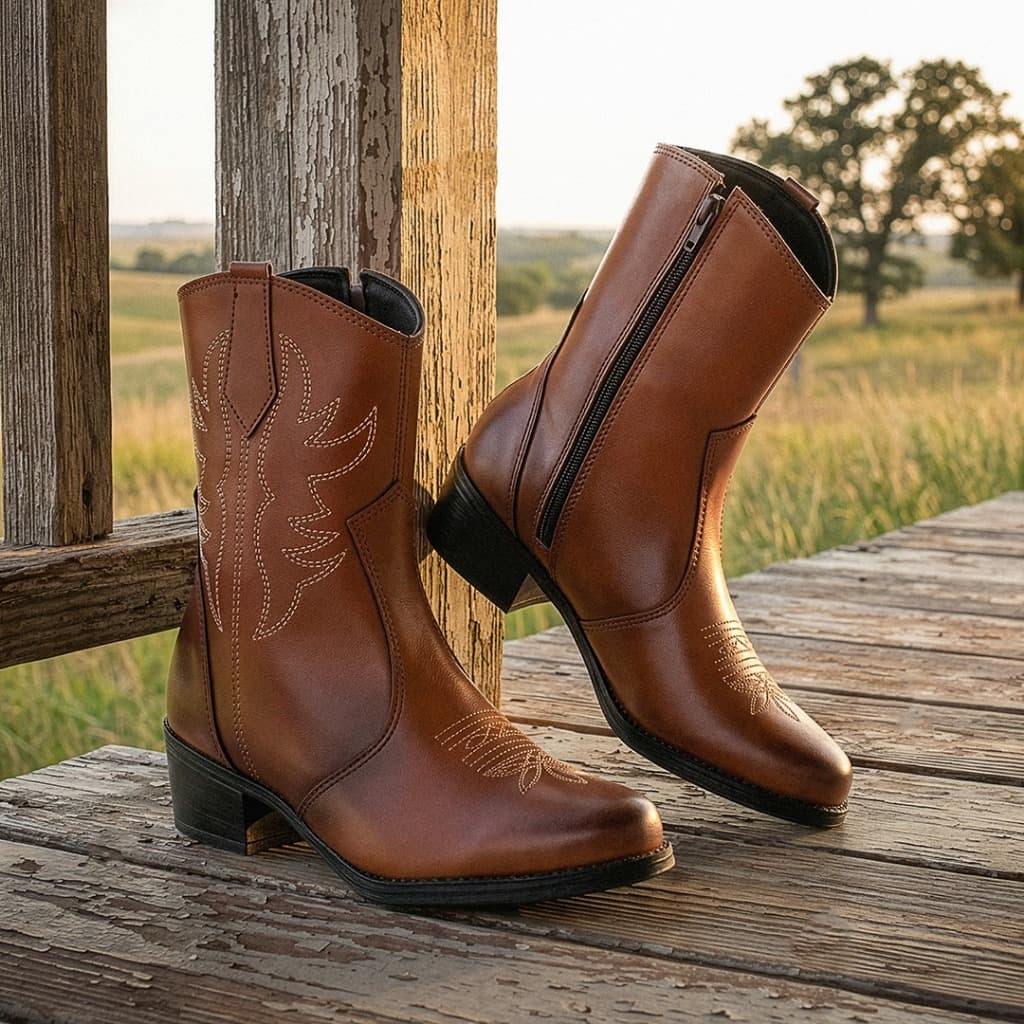 Bota Feminina Estilo Country Western Cano Curto Confortável Antiderrapante Com Zíper