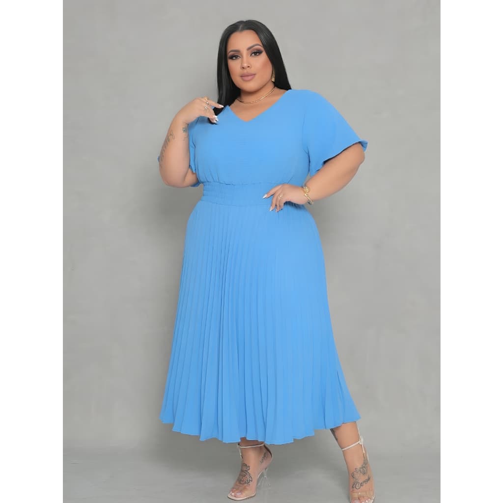 Vestido Plus Size Longo Duna Premium Plissado Gola V Elegante Confortavel Soltinho Evangélico Verão