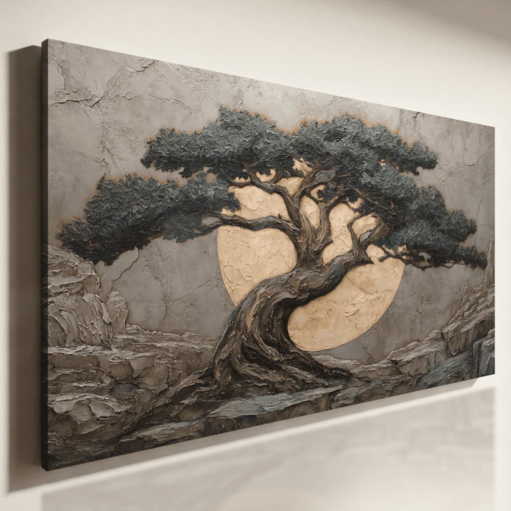 Quadro Decorativo Árvore Da Vida Com Lua Bege Textura 3D Tons Neutros Elegante Sala