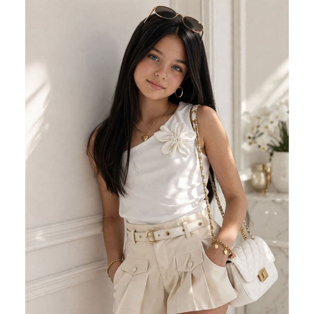 Conjunto Infantil Short Saia Alfaiataria Flor Blogueirinha