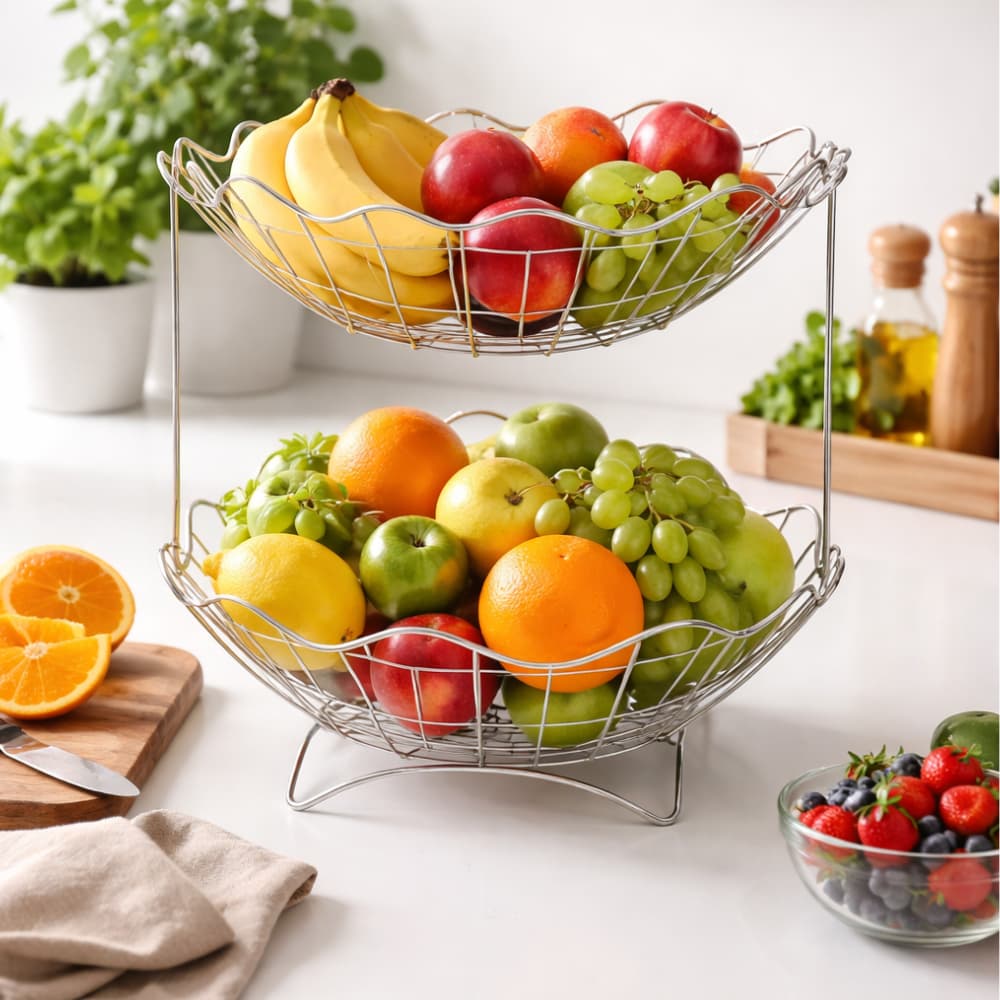 Fruteira Dupla De Mesa Com Cestos Redondos N026 Niquelart