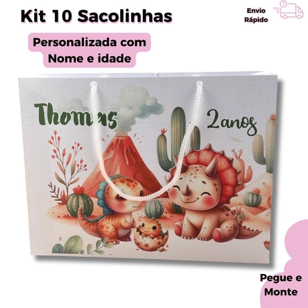 Kit Sacolinhas Personalizadas Dinossauro |Lembrancinhas Festa Infantil | Pegue e Monte |Nome e Idade