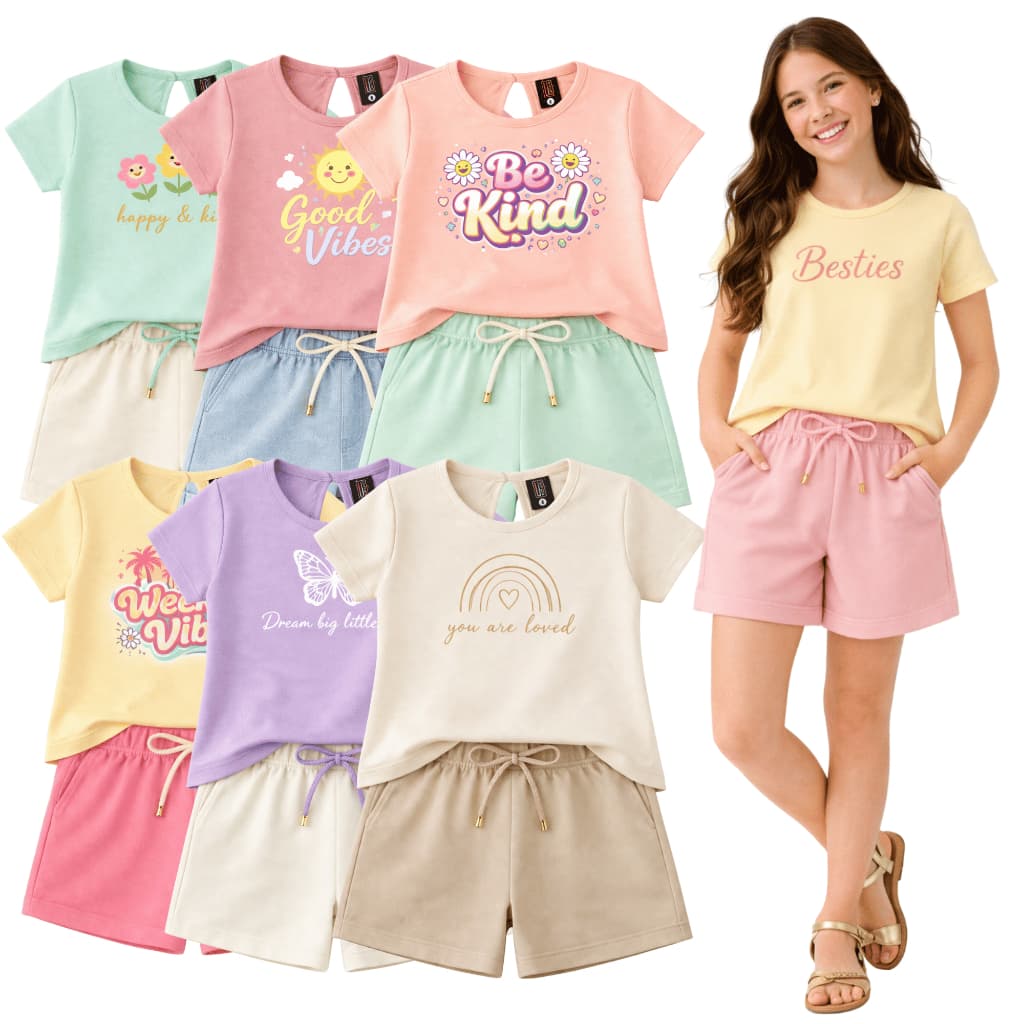 Kit 8 Peças Juvenil Menina 4 Conjuntos Camiseta e Shorts Verão l Tamanho 10 ao 16