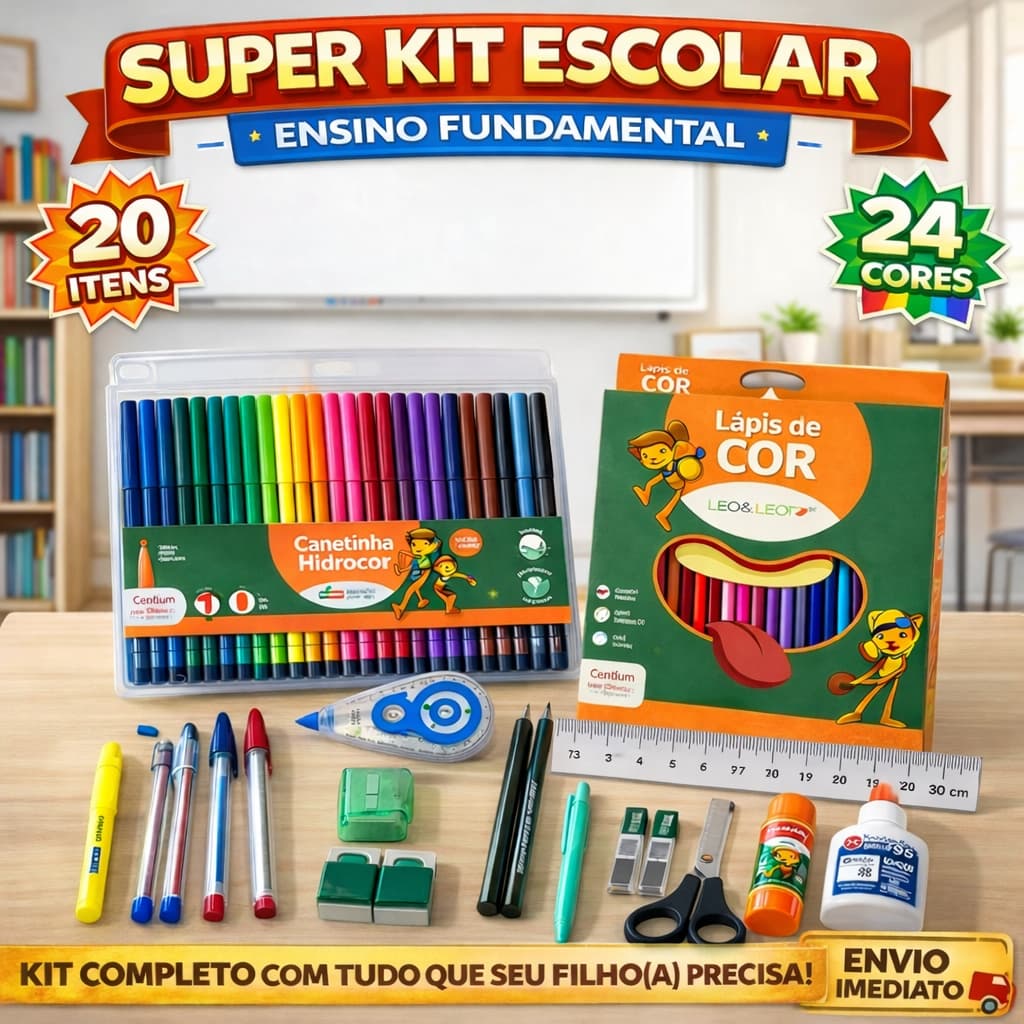 kit Material Escolar Infantil/Fundamental 20itens-Canetinha+Lapis cor 24cores+Caneta+Lapiseira+