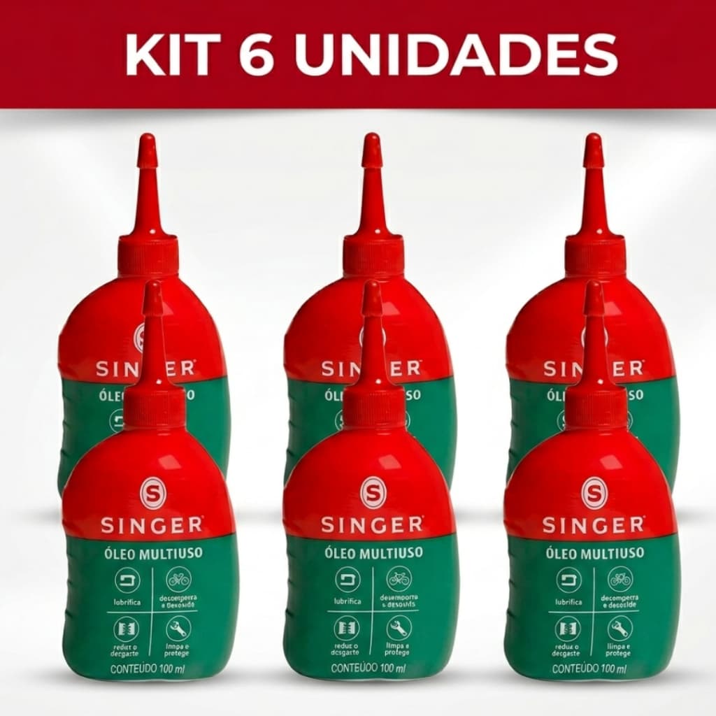 Kit 6 Oleo Singer Multiuso Lubrificante 100 ml Para Maquina de Costura Ferramentas Bicicleta
