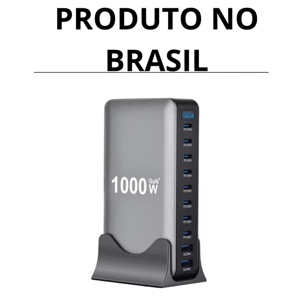 Carregador Super Turbo De Mesa 10 Portas Gan 3 Pro 1000w Preto