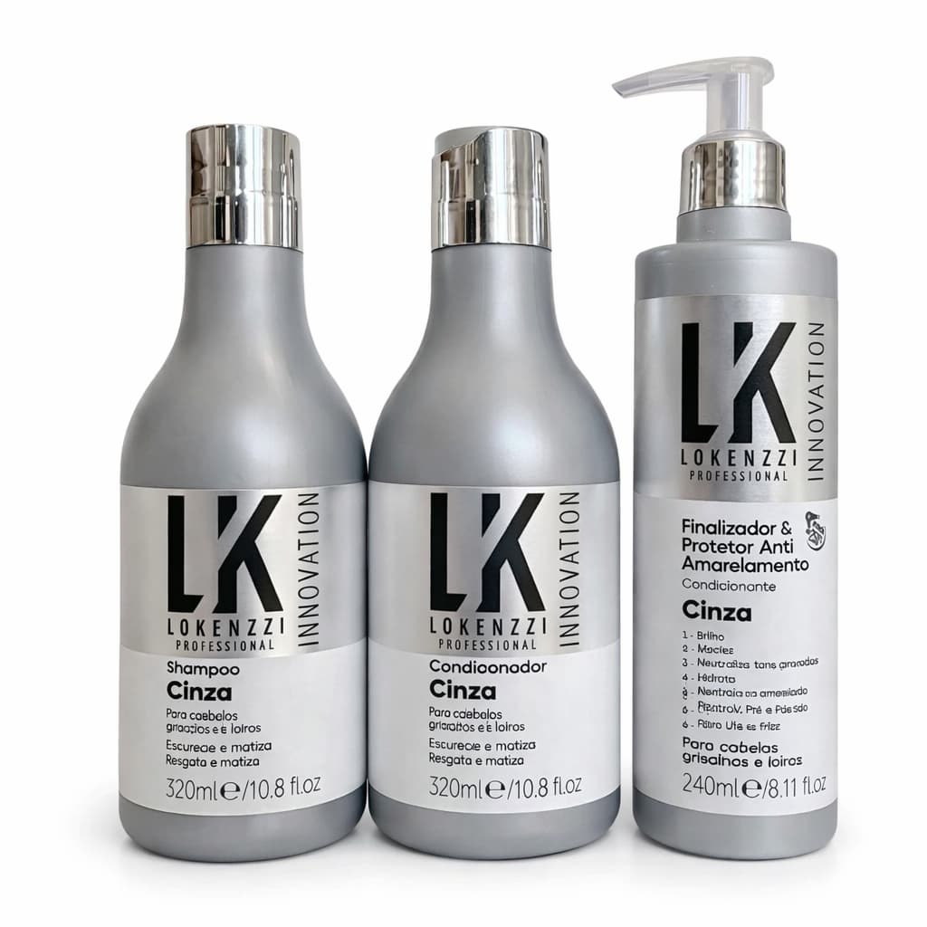 Kit Cinza Shampoo+Cond+Finalizador Lokenzzi Matizador Anti Amarelado Cabelos Grisalhos Brancos Platinados Profissional