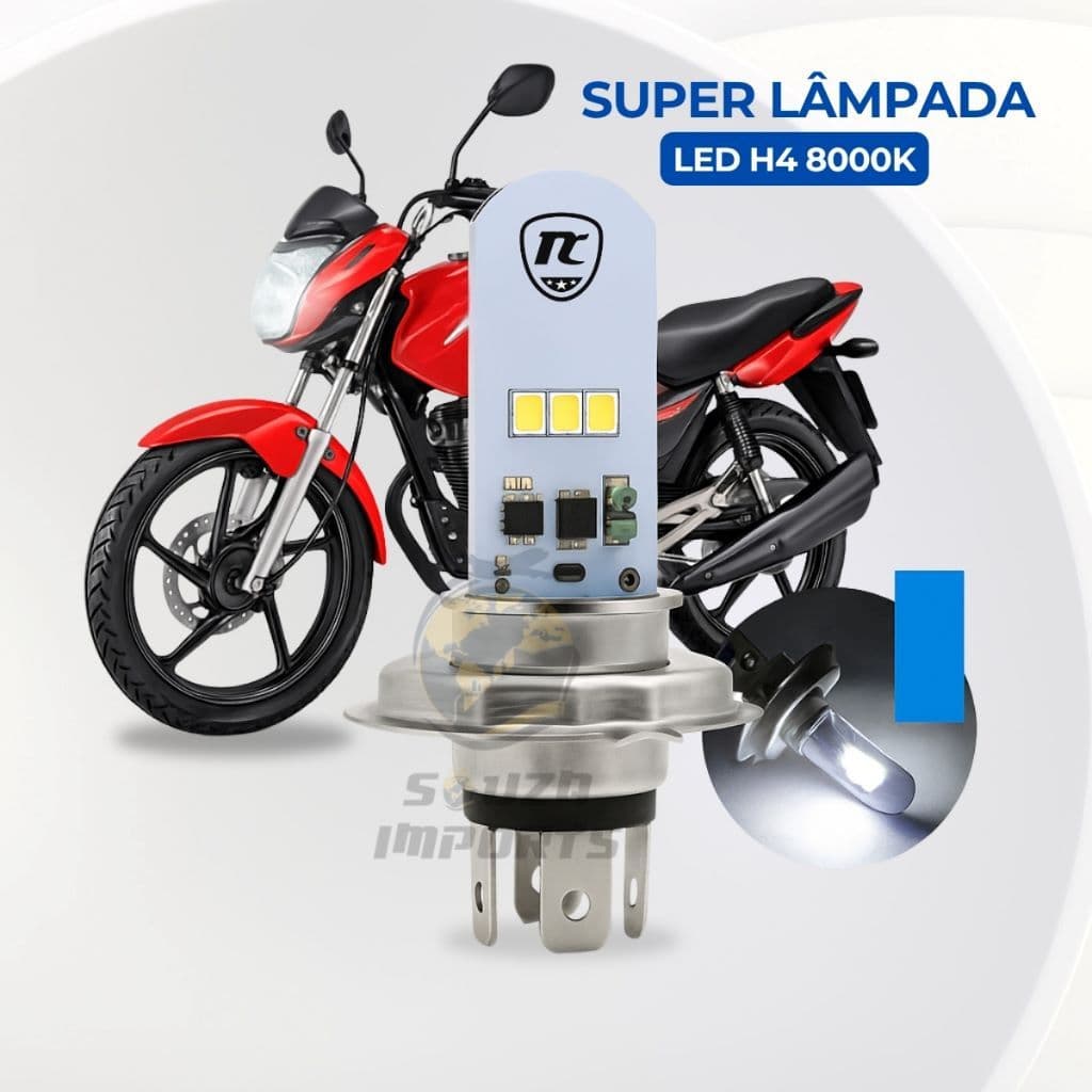 Lâmpada Super LED H4 Moto 8000K Efeito Xenon Forte 12V  Titan 150 Falcon Fan 160 Ybr Fazer Dafra