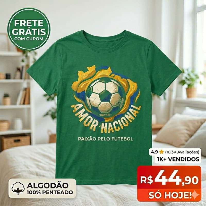 🔥 Camiseta Futebol Premium 'Amor Nacional' - Algodão 100% - Envio Imediato e Frete Grátis com Cupom! 🔥