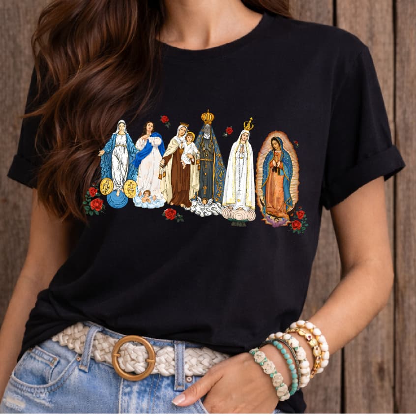 BLUSA CAMISETA SANTAS NOVA SANTA VIRGEM MARIA, ESTAMPA CATÓLICA CRISTÃ GOSPEL RELIGIOSA PLUS SIZE ALGODÃO PRETA