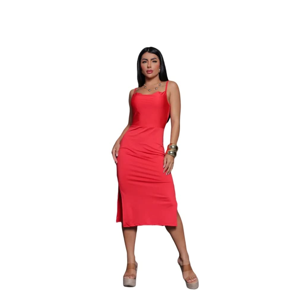 Vestido Midi Feminino Elegante Fenda Alça Regulável Suplex Premium Tubinho Social Festas Modelador