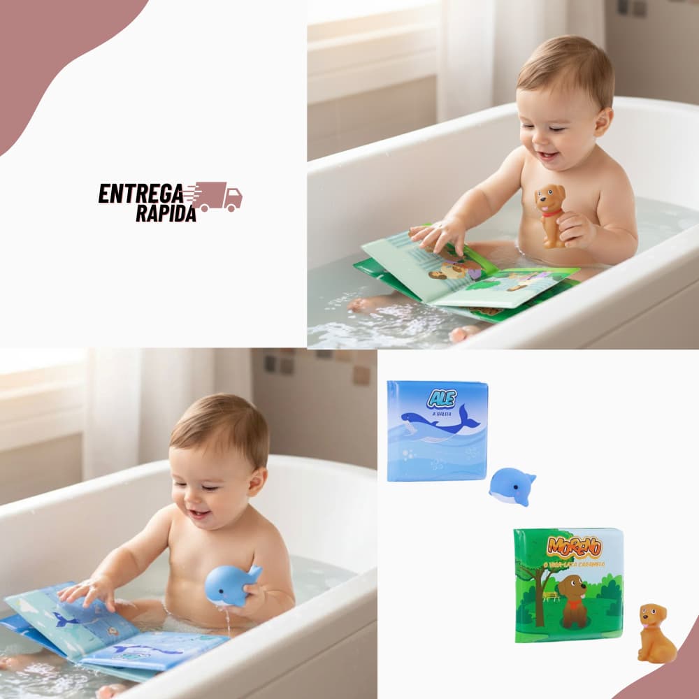 kit 2 livros de banho Pimpolho para bebê acompanha bichinhos de brinde para brinar na água