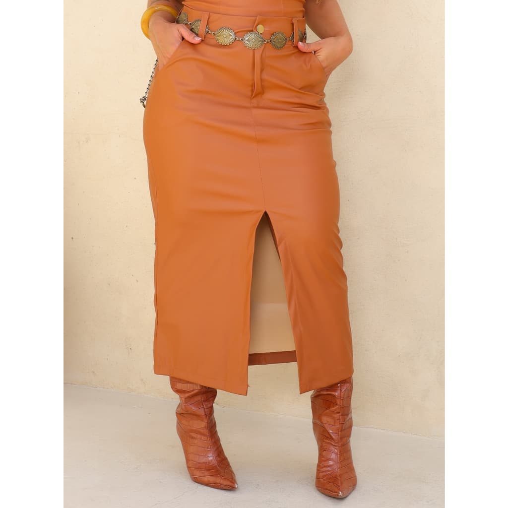 Saia Midi De Couro Fake Tendencia Feminina Tdc Modas