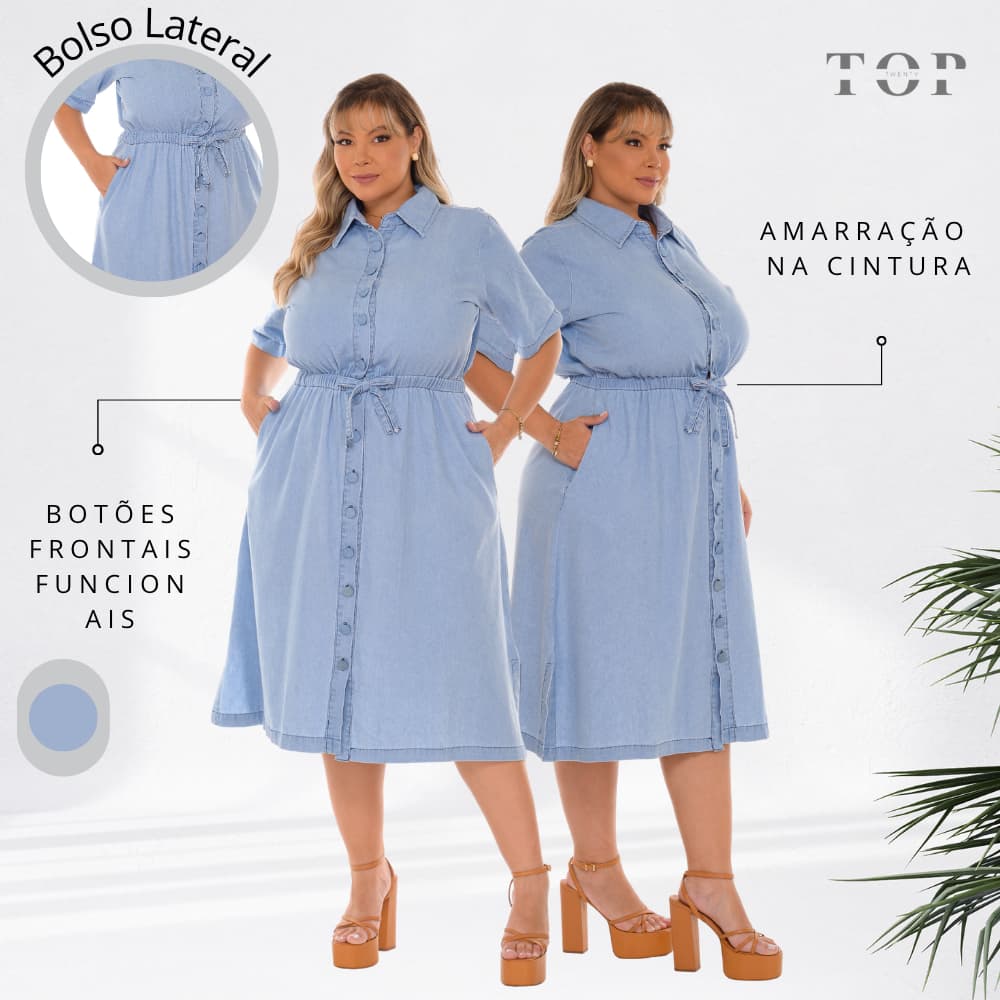 Vestido Plus Size Chemise Jeans Midi com Cintura Ajustável e Botões Frontal e Fenda Lateral