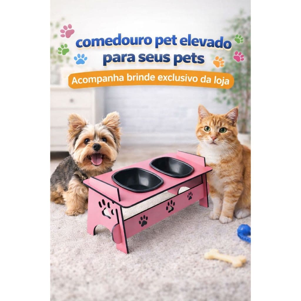 Comedouro Elevado MDF para Pet com Estrutura Resistente e Ergonômica Rosa