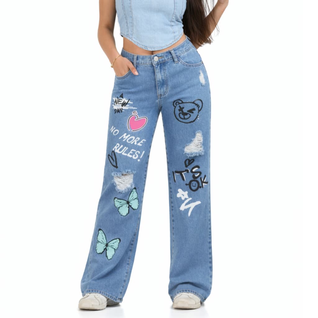 Calça wide leg Jeans Feminina Pantalona Infantil Juvenil Destroyed 10 ao 16 Premium
