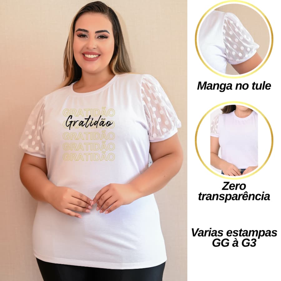 Blusa Plus Feminina Estampada Evangélica Camiseta Moda Cristã T-Shirt Branca Tule na Manga Gratidão Virtuosa Abençoada