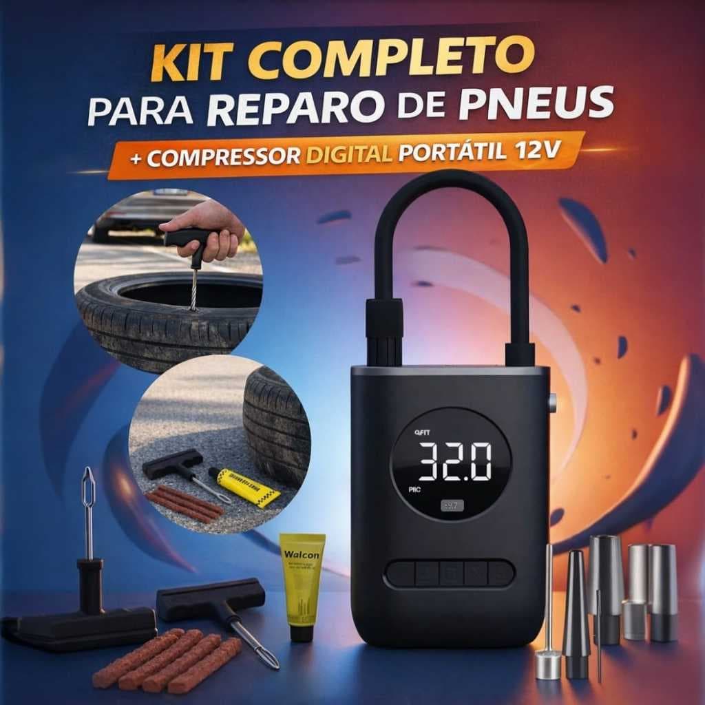 Compressor De Ar Portátil 12V Digital + Kit Reparo Pneu Completo Macarrão Carro Moto Seguro