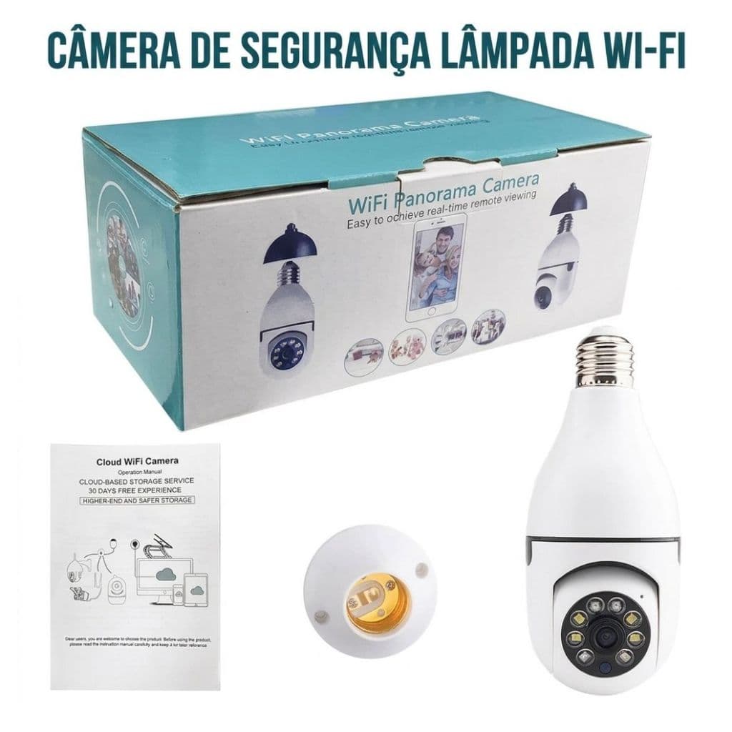 Câmera Segurança WiFi 360° Full HD 1080 Visão Noturna Lâmpada Espiã Monitoramento App Yoosee