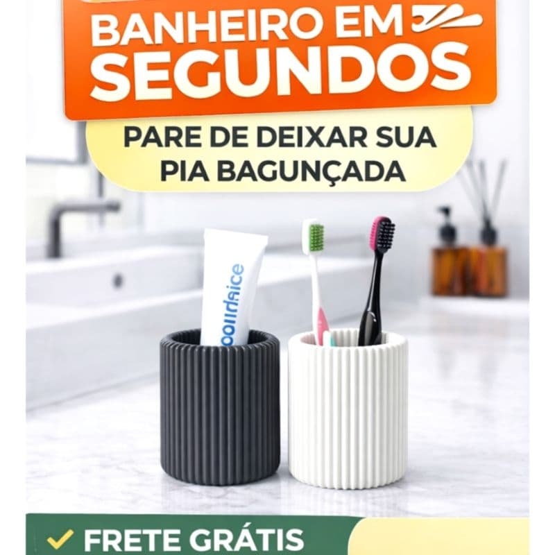 Kit Porta Escova de Dentes + Porta Pasta Organizador Banheiro Moderno Minimalista Preto e Branco