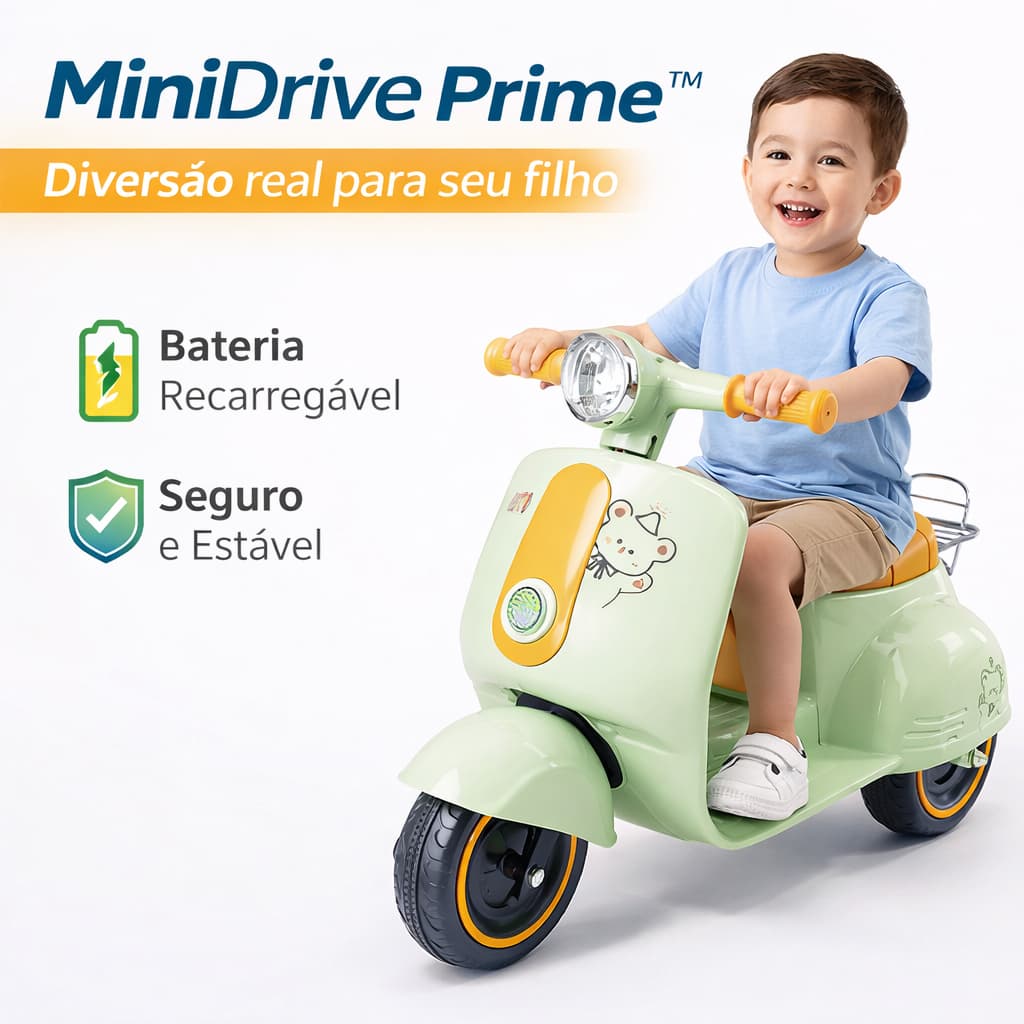 MiniDrive Prime™ Moto Elétrica Infantil 2 Rodas Recarregável com Luz e Som Segura e Estável