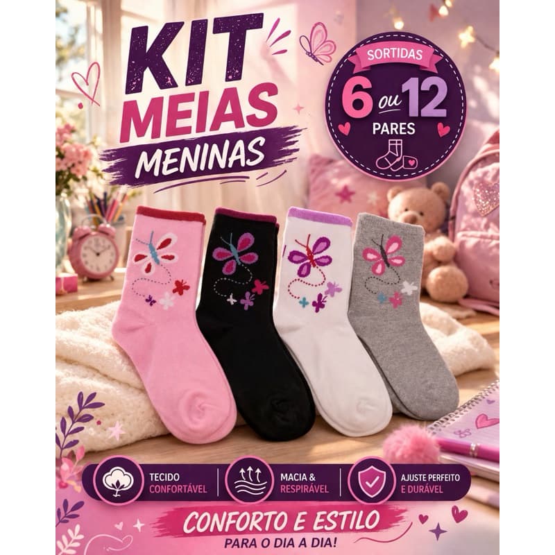 Kit de 12 Pares de Meia infantil e juvenil Menina. Frio. Inverno. Cores Sortidas 0-12 anos