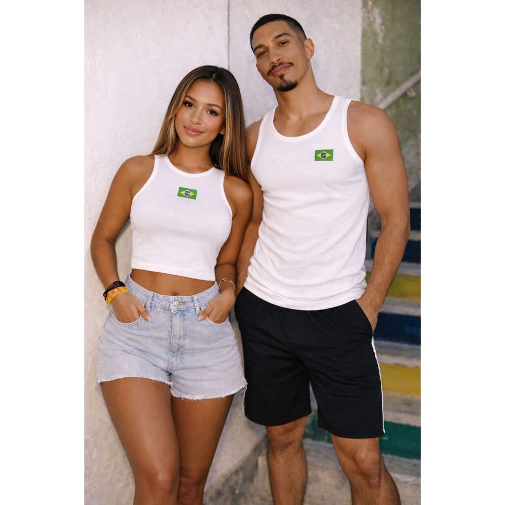Kit Conjunto Casal 2 peças Cropped Feminino e Regata Masculina com Bordado Brasil